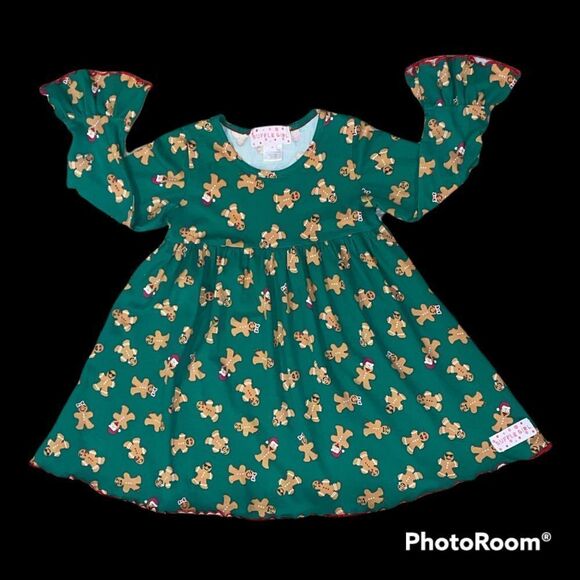 RUFFLE GIRL SZ 6 Girls Dress Green Background W/ Gingerbread And Ruffled Tights - Picture 3 of 8